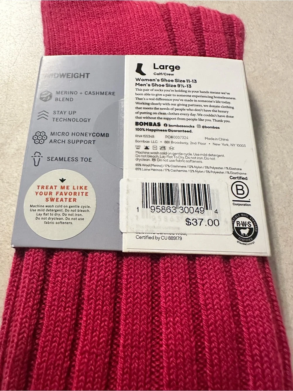 BOMBAS Cashmere Blend Rib Calf Socks NWT Pink 1 Pair